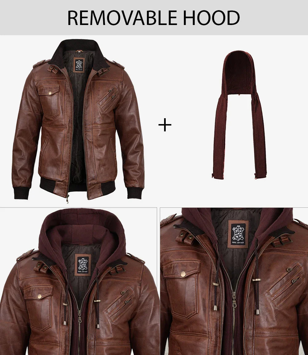 Edinburgh Mens Brown Bomber Leather Jacket With Removable Hood