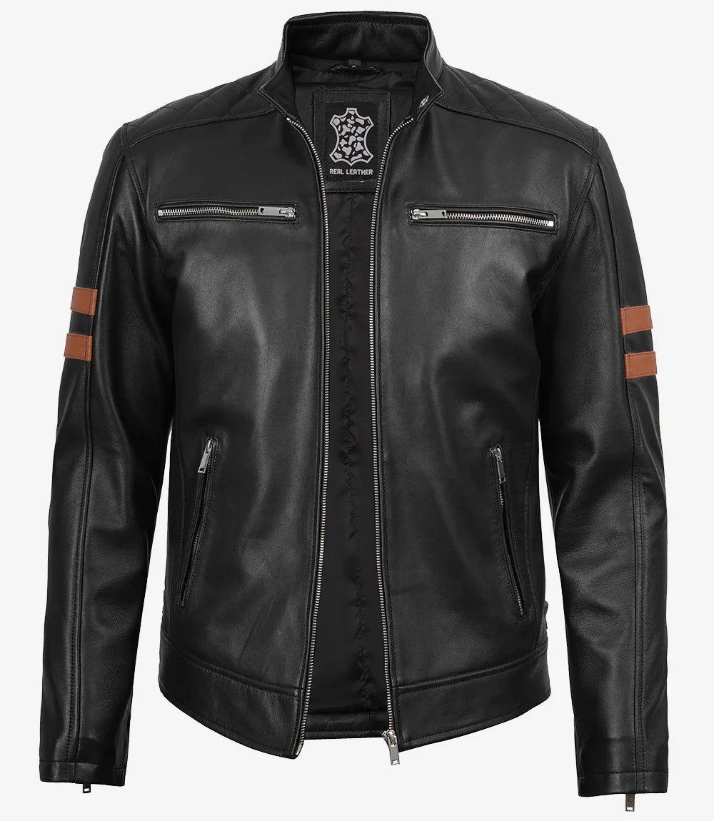 Mens Black Biker Style Leather Jacket with Tan Accent Stripes