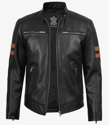 Mens Black Biker Style Leather Jacket with Tan Accent Stripes