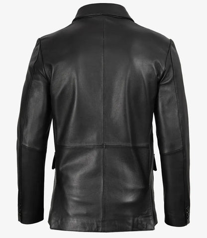 Men's Black Three Button Real Leather Blazer
