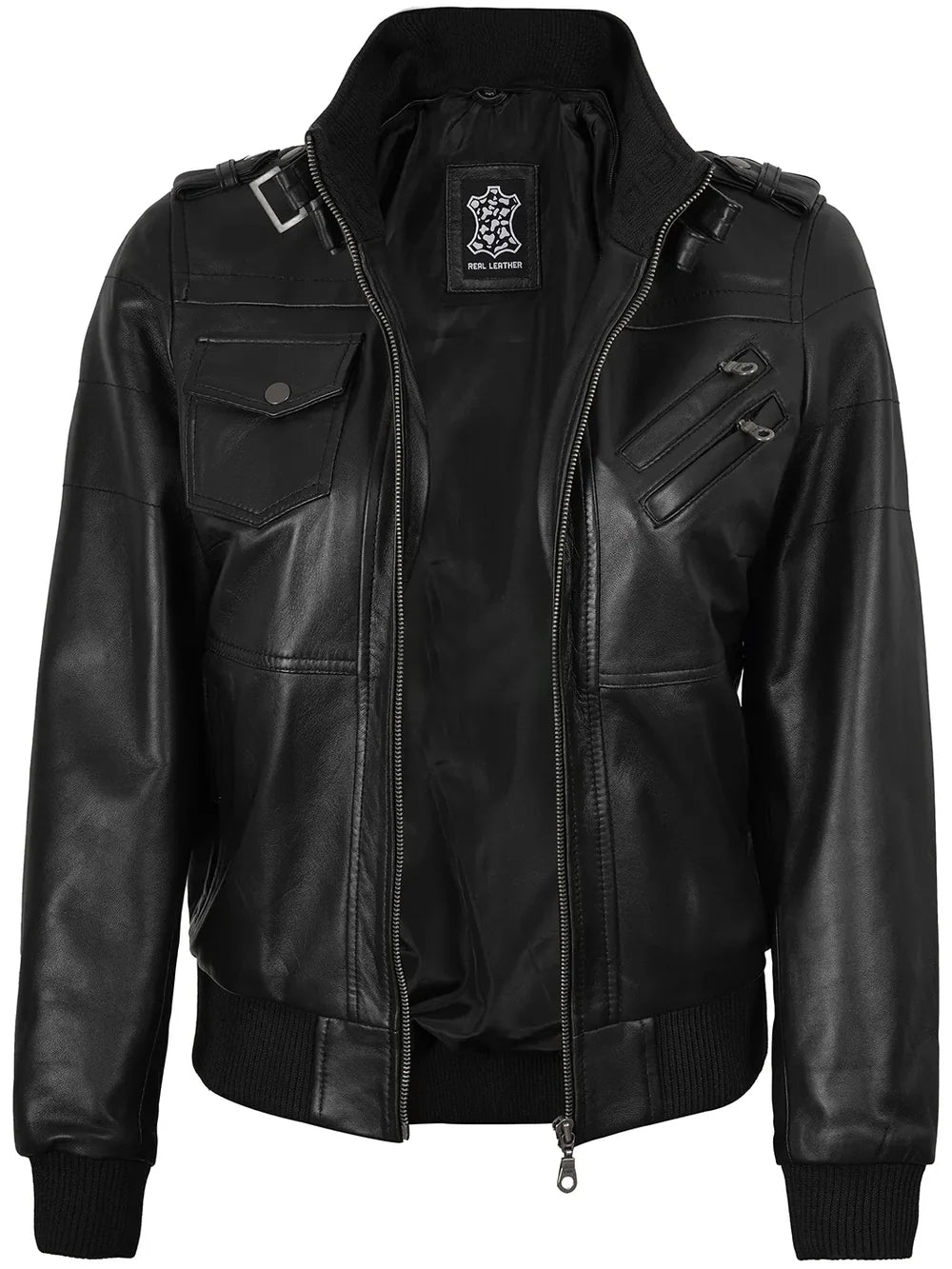 Real Leather Women's Bomber Black Jacket with Removable Hood