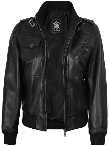 Real Leather Women's Bomber Black Jacket with Removable Hood