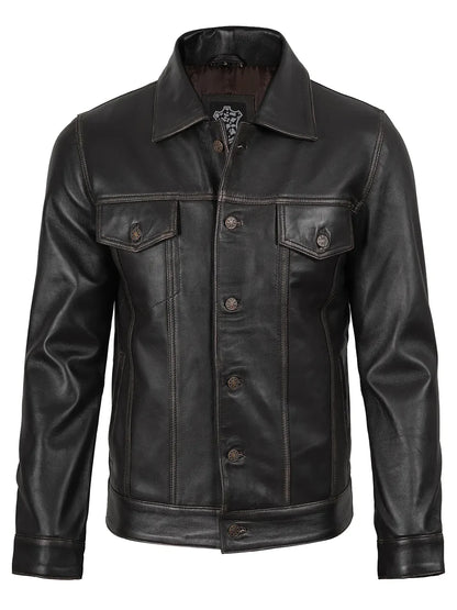 Men's Dark Brown Trucker Leather Jacket