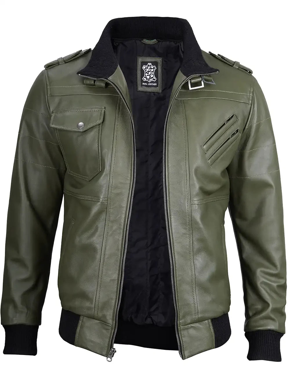 Men's Military Green Leather Jacket with Removable Hood