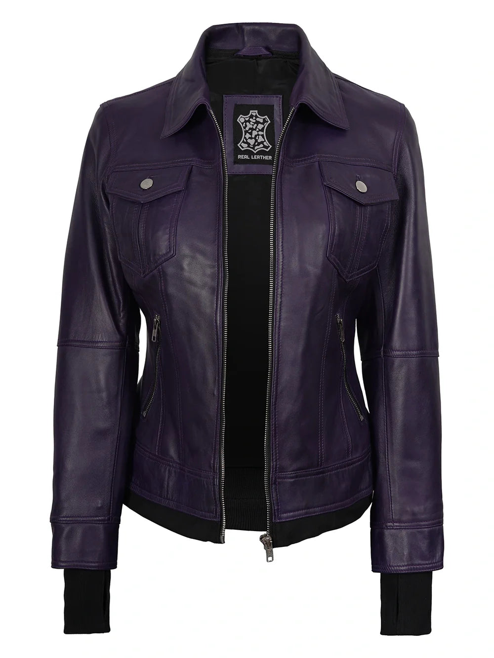 Women's Purple Leather Jacket with Removable Hood