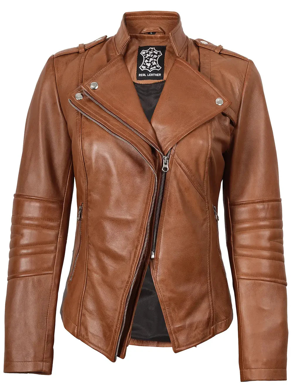 Monica Women's Tan Brown Leather Biker Style Jacket