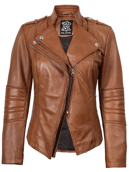 Monica Women's Tan Brown Leather Biker Style Jacket