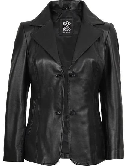 Women's Black Two Button Leather Blazer Jacket