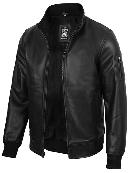 Men Black Real Cowhide Leather Bomber Jacket