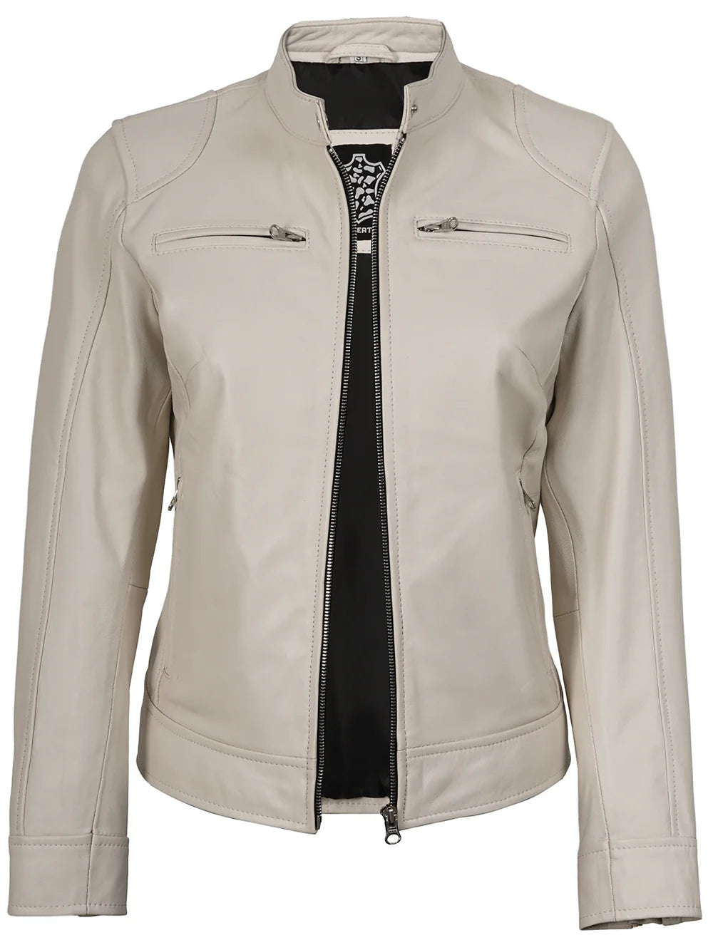 Dodge Women's Off White Cafe Racer Leather Jacket