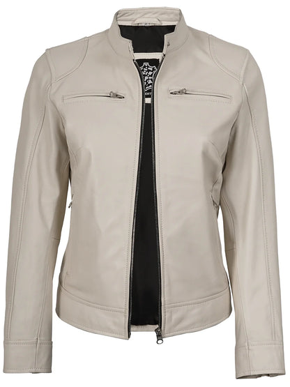 Dodge Women's Off White Cafe Racer Leather Jacket