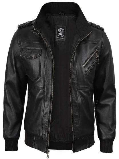 Men's Black Bomber Leather Jacket with Removable Hood