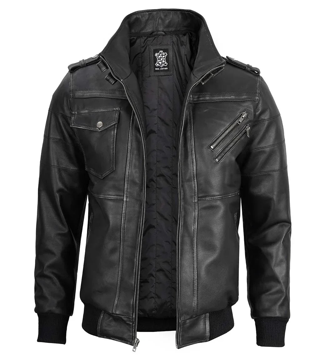 Men's Bomber Dark Grey Leather Jacket with Removable Hood