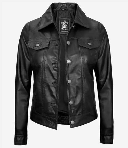 Fernando Women's Black Leather Trucker Jacket