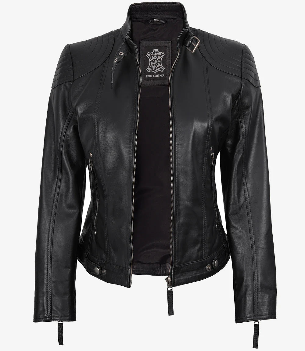 Women's Black Leather Jacket With Removable Hood