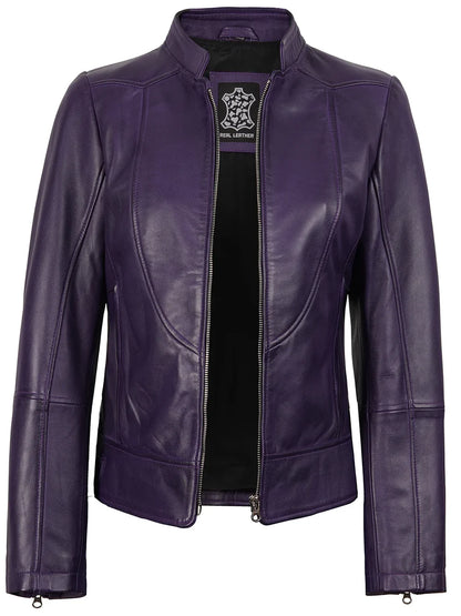 Amy Purple Cafe Racer Style Women's Leather Jacket