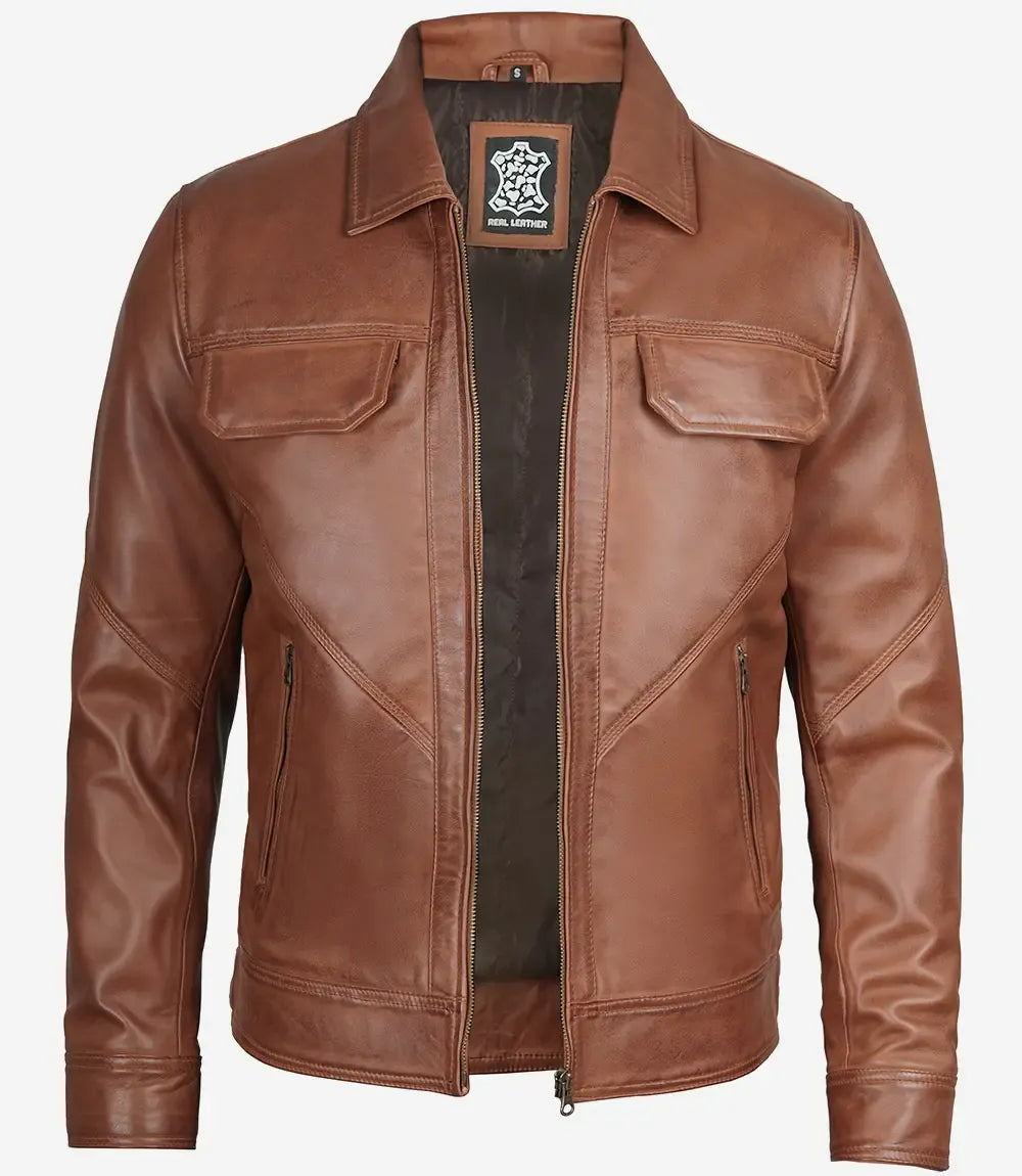 Men's Cognac Brown Lambskin Leather Jacket Shirt Collar