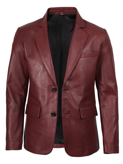 Men's Burgundy Real Leather Blazer
