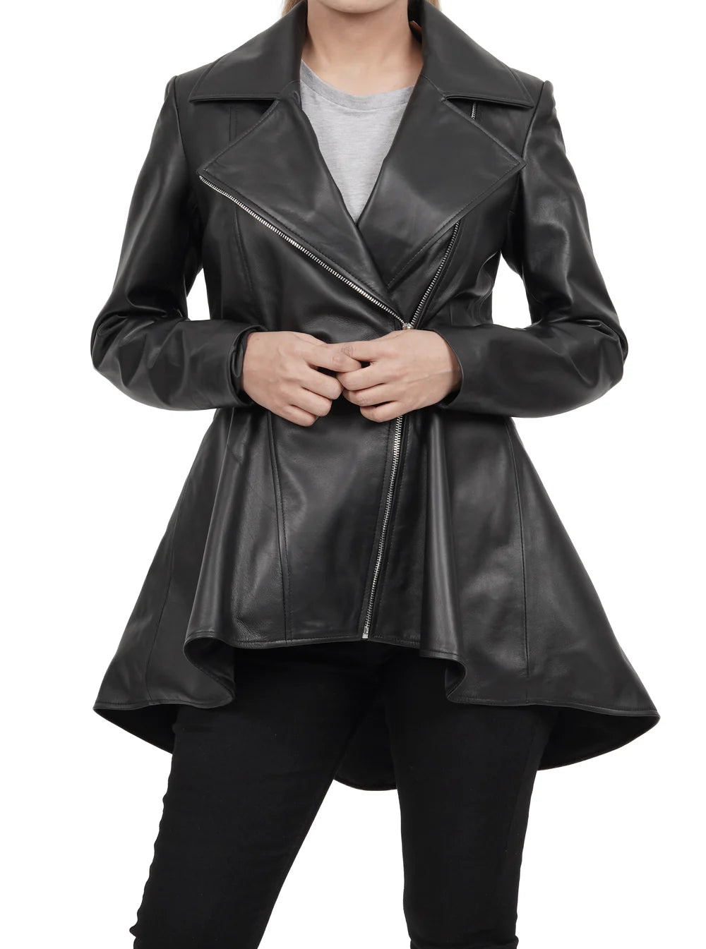 Clarissa Women Black Asymmetrical Peplum Leather Jacket