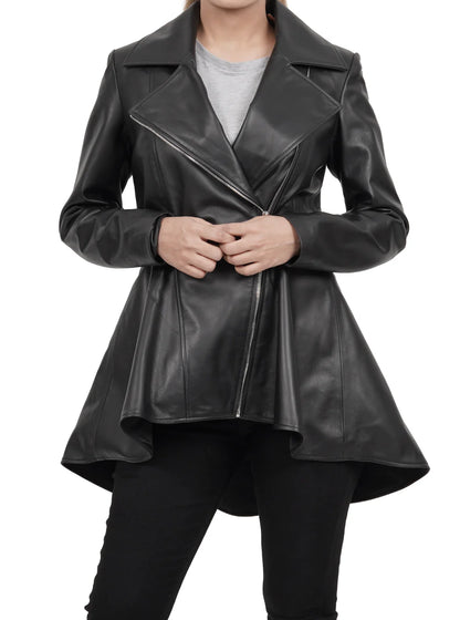 Clarissa Women Black Asymmetrical Peplum Leather Jacket