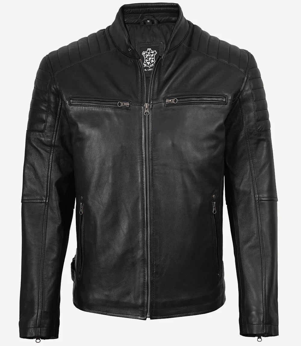 Men’s Real Leather Cafe Racer Jacket with Padded Shoulders
