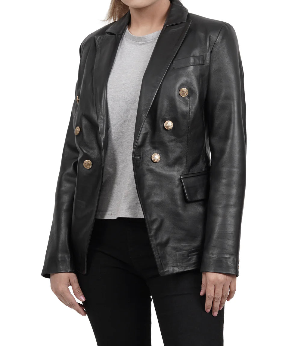 Kim Women's Black Double Breasted Leather Blazer