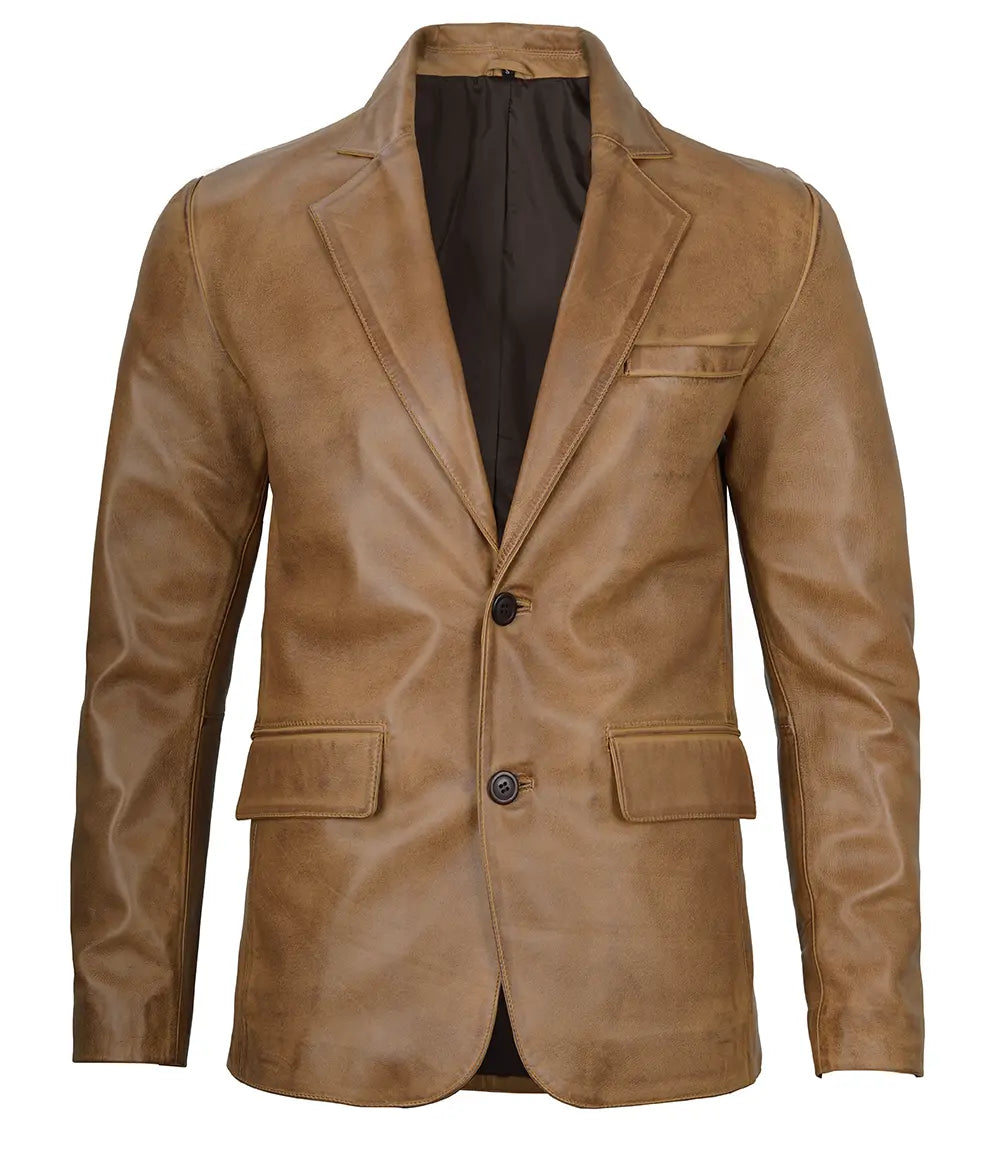 Men Two Button Camel Brown Leather Blazer