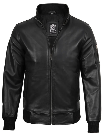 Men Black Real Cowhide Leather Bomber Jacket