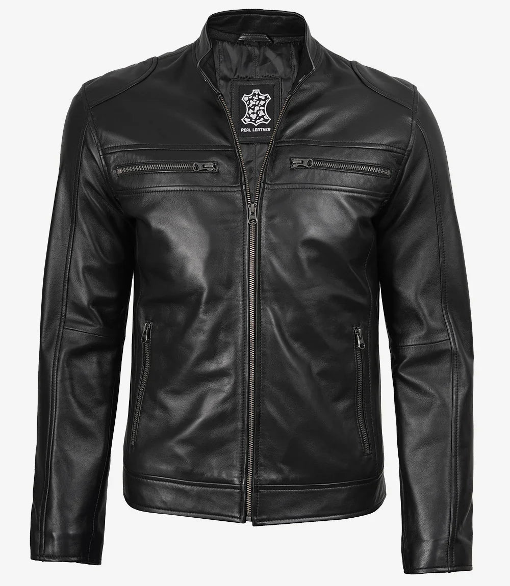 Men Black Lambskin Biker Leather Jacket