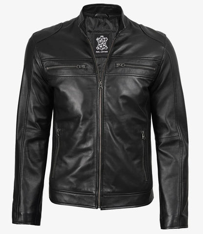 Men Black Lambskin Biker Leather Jacket