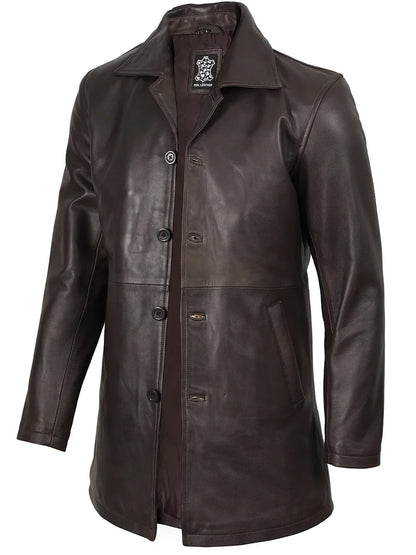 Men's Distressed Dark Brown Real Leather Car Coat