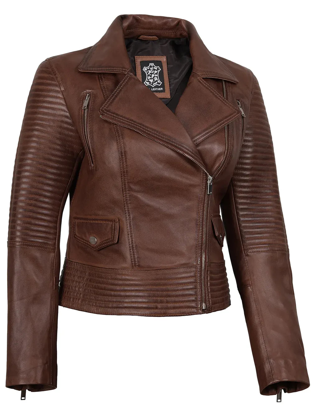 Womens Asymmetrical Cognac Wax Biker Style Leather Jacket