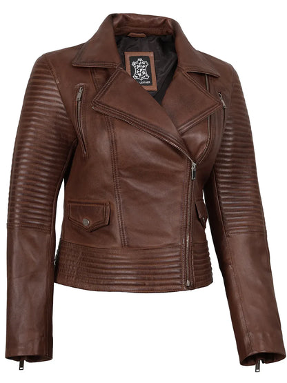 Womens Asymmetrical Cognac Wax Biker Style Leather Jacket