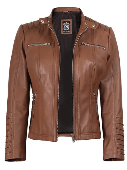 Women's Cognac Brown Leather Jacket With Removable Hood