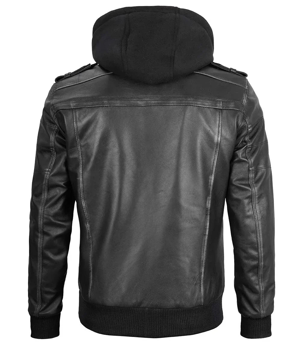 Men's Bomber Dark Grey Leather Jacket with Removable Hood