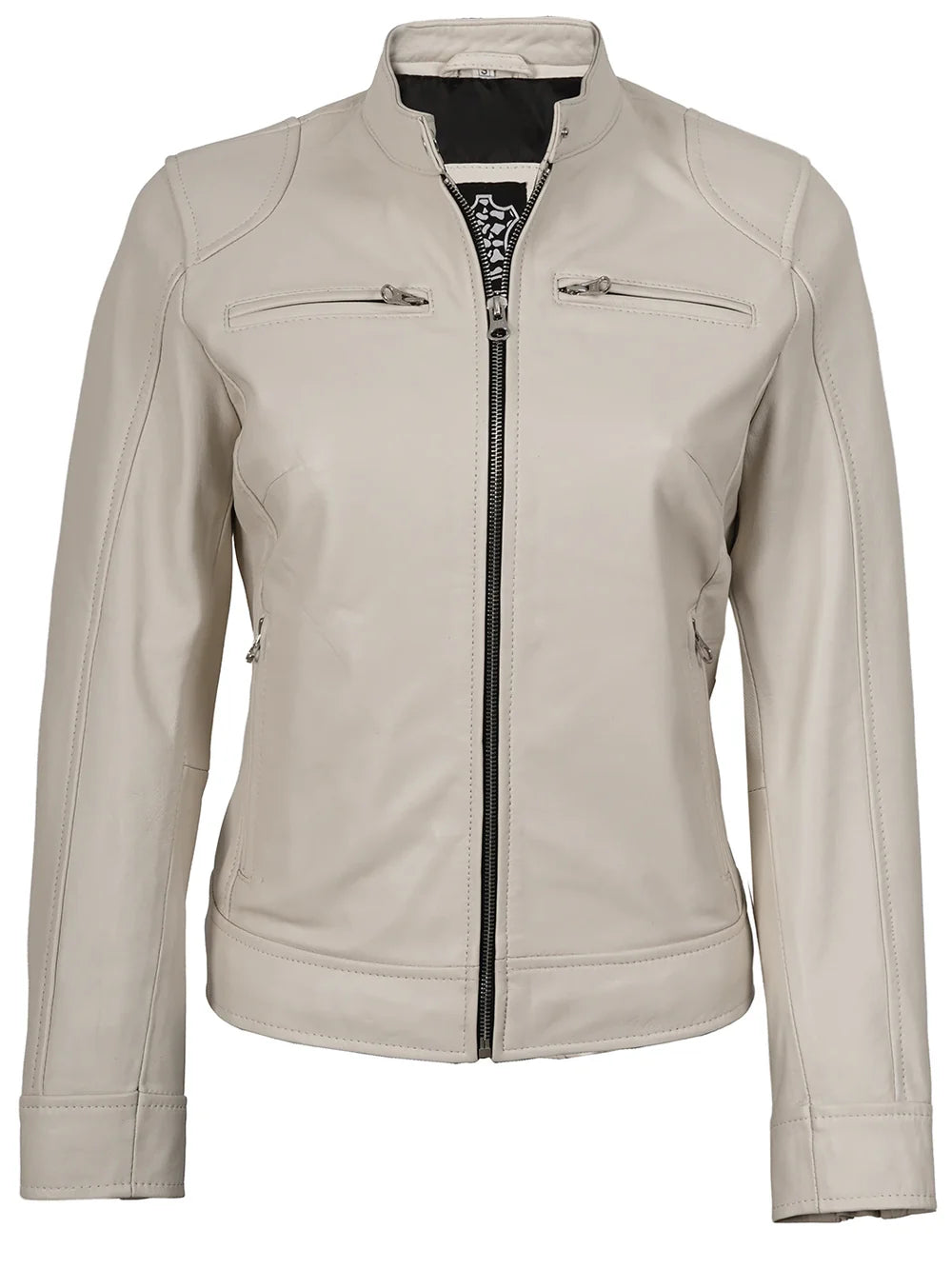 Dodge Women's Off White Cafe Racer Leather Jacket