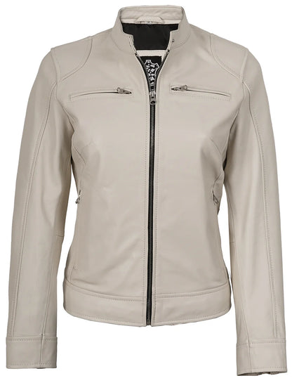 Dodge Women's Off White Cafe Racer Leather Jacket