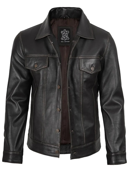 Men's Dark Brown Trucker Leather Jacket