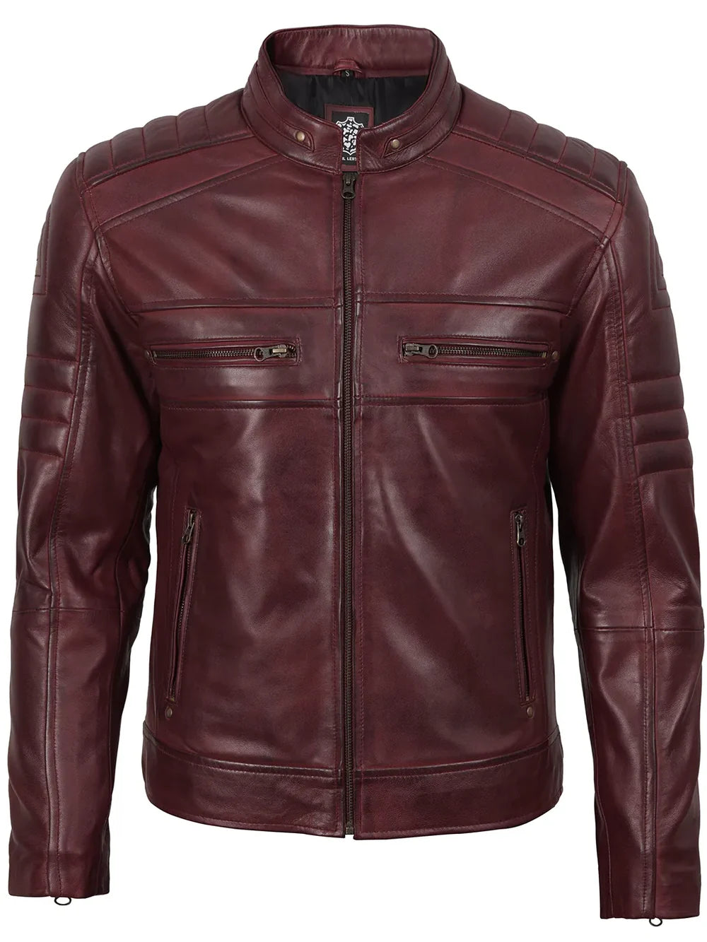 Mens Burgundy Cafe Racer Style Leather Jacket