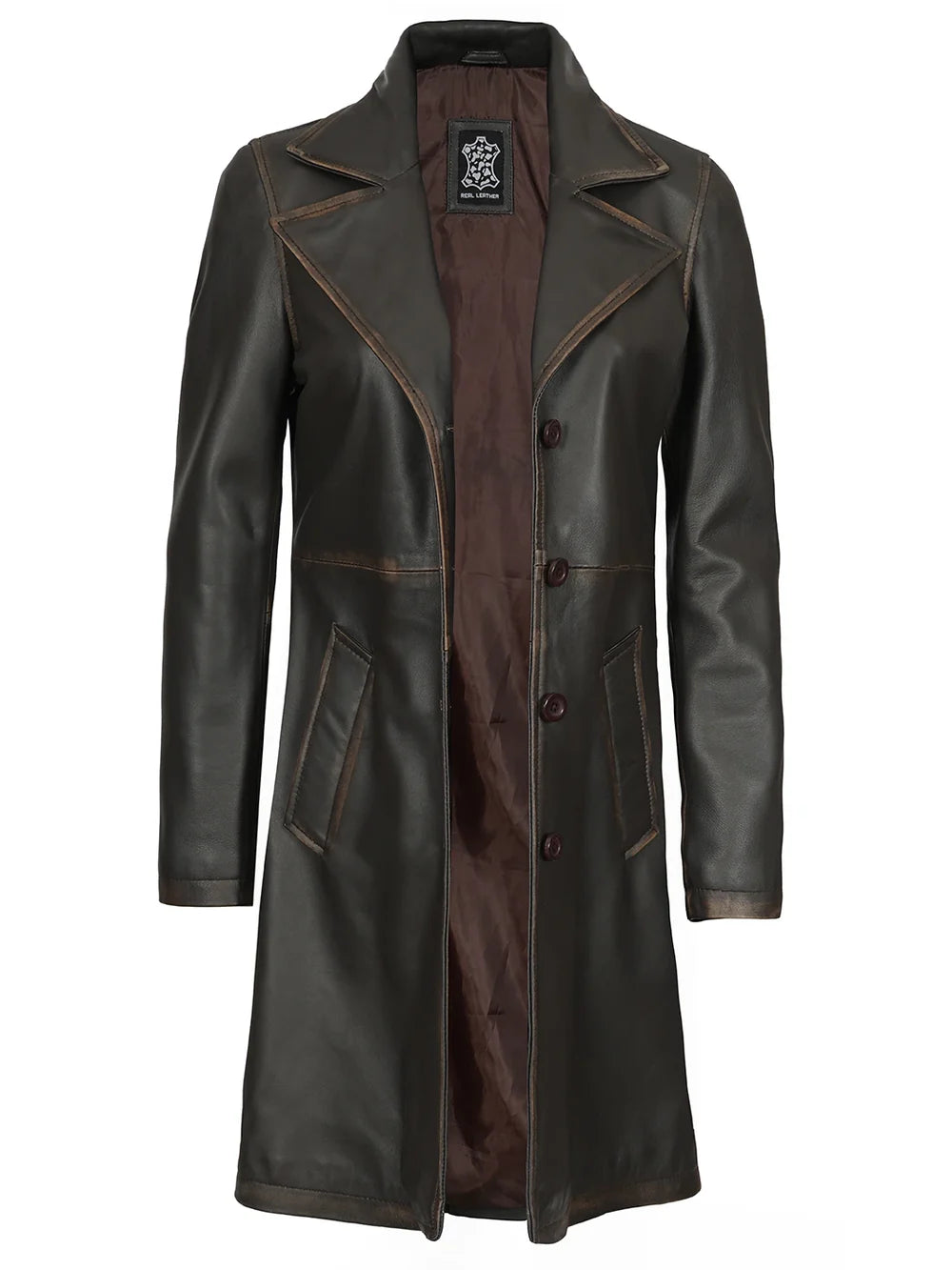 Bryson Women's Rub Off Dark Brown Leather Long 3/4 Coat