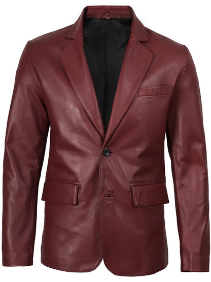 Men's Burgundy Real Leather Blazer