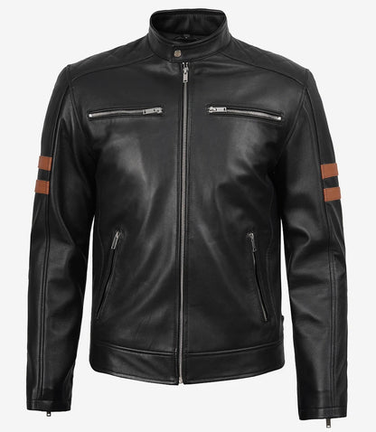 Mens Black Biker Style Leather Jacket with Tan Accent Stripes
