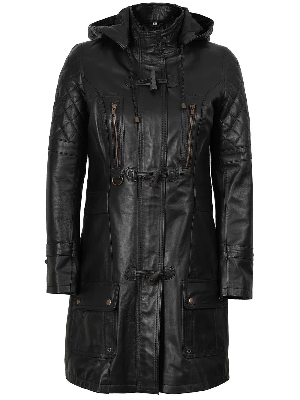 Women’s Black 3/4 Length Leather Coat With Removable Hood