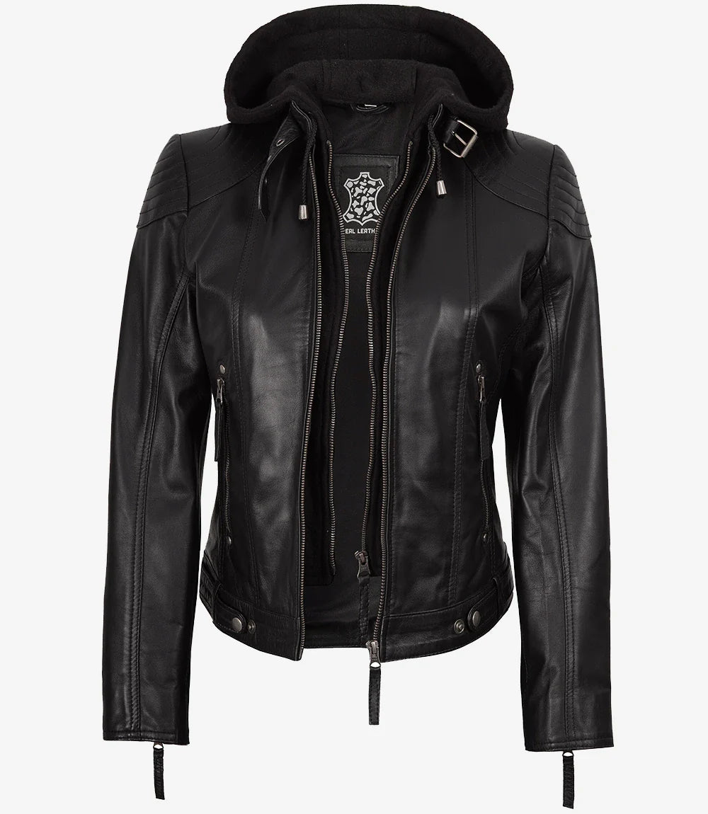 Women's Black Leather Jacket With Removable Hood