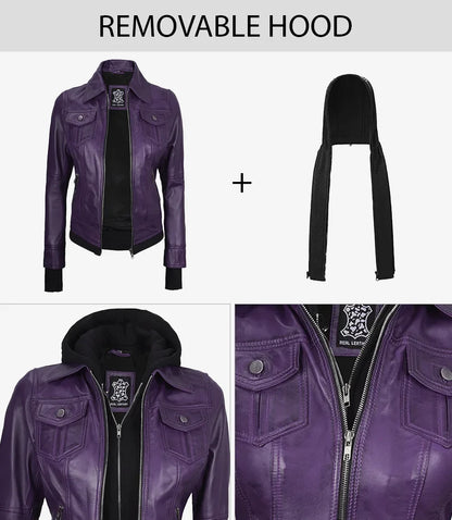 Women's Purple Leather Jacket with Removable Hood