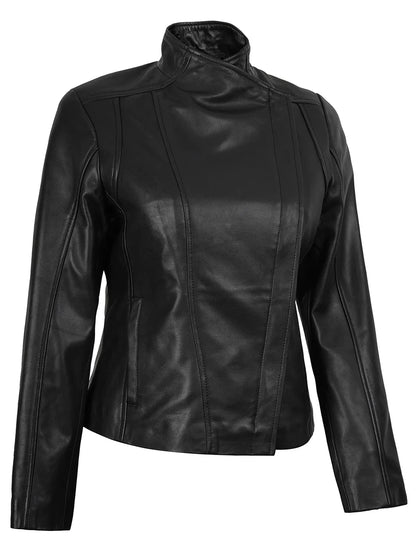 Womens Flap Closure Cafe Racer Black Leather Jacket