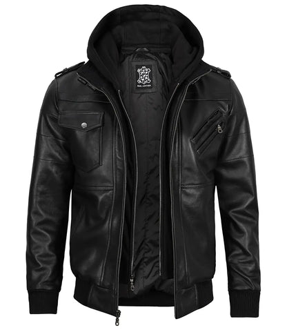 Edinburgh Men Black Bomber Leather Jacket With Removable Hood