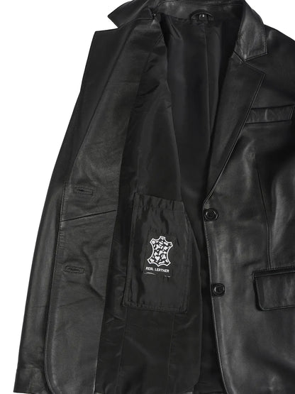 Women's Two Button Black Real Leather Blazer