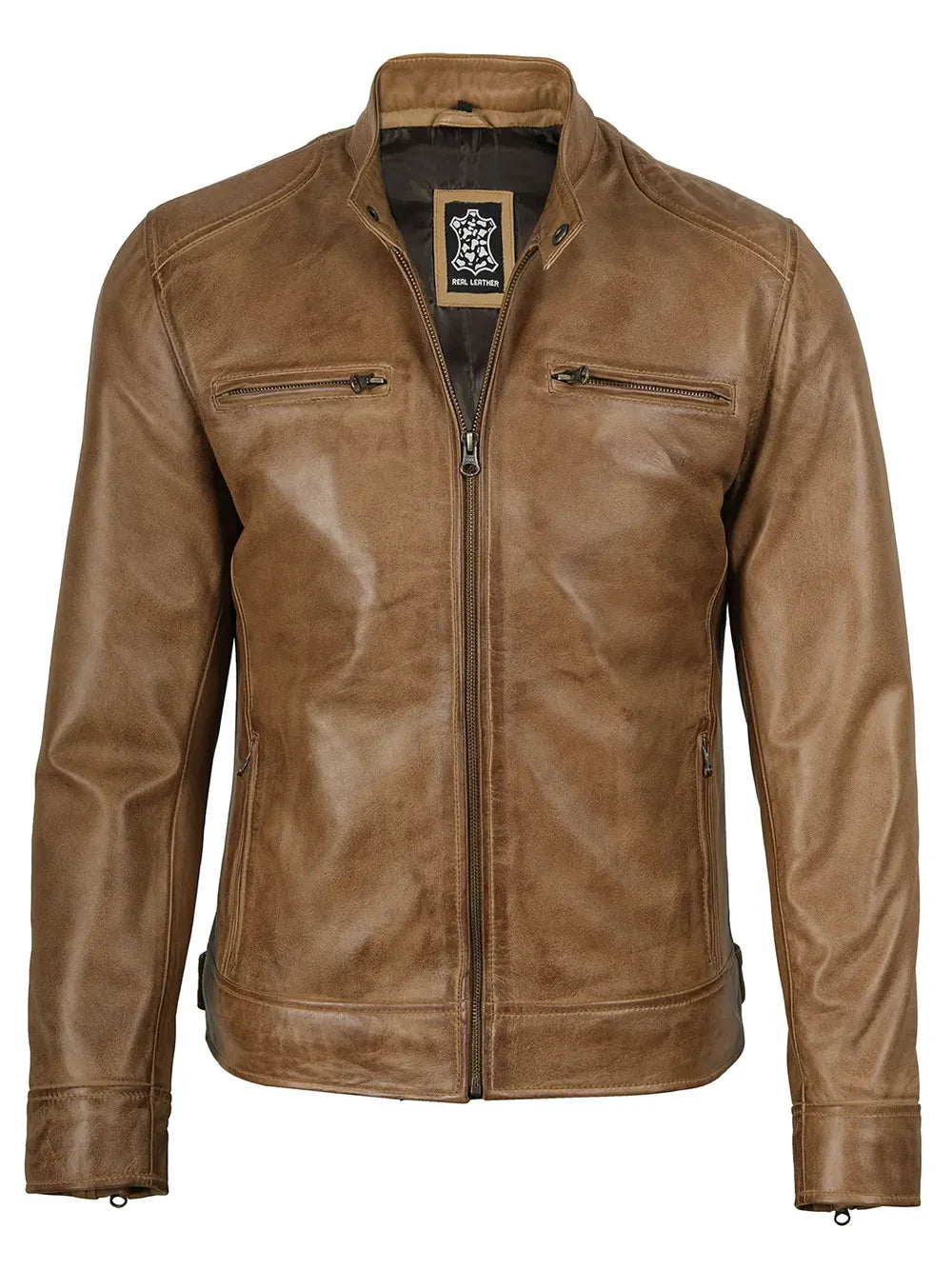 Dodge Men's Camel Brown Leather Cafe Racer Style Jacket