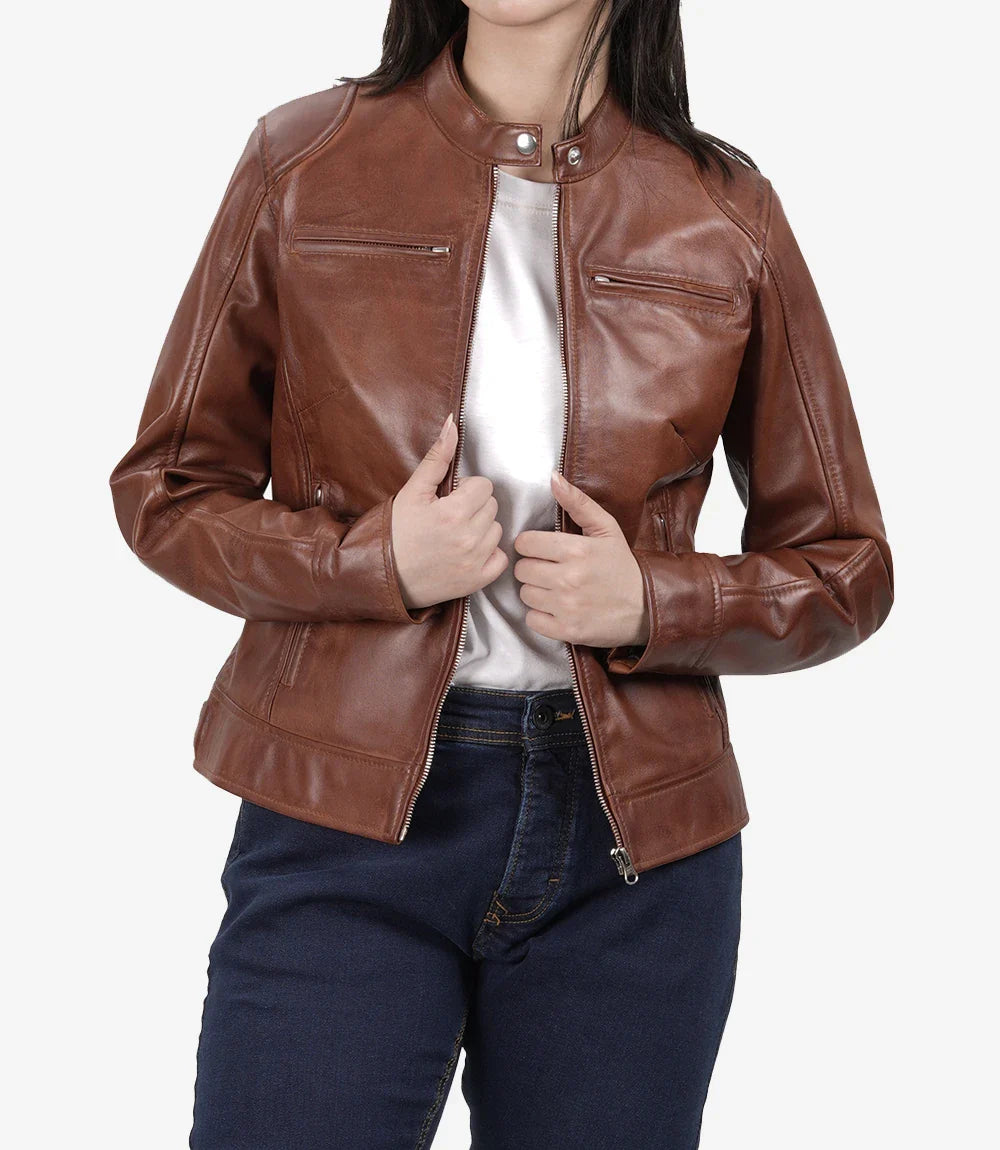 Dodge Womens Cognac Brown Biker Style Leather Jacket